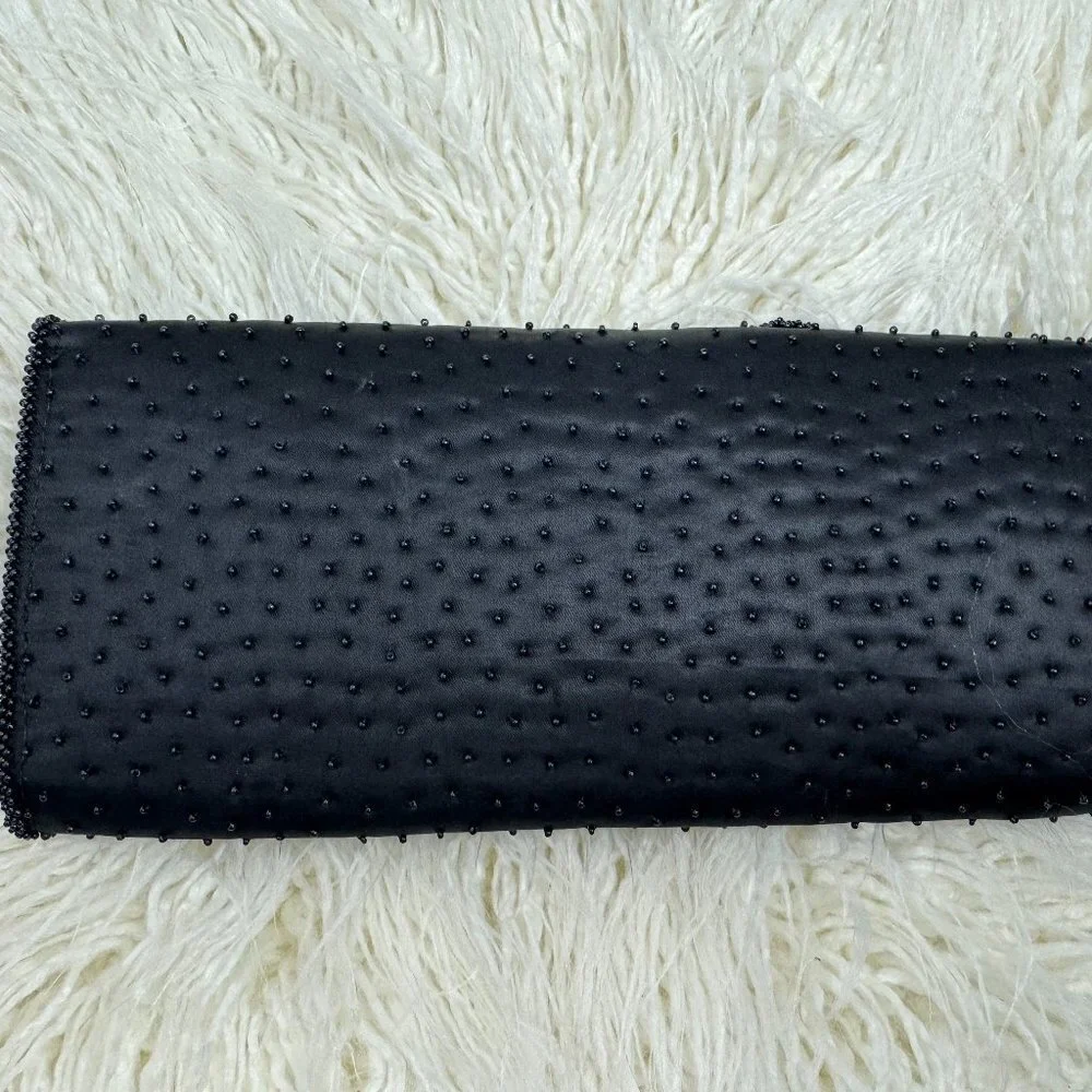 Vintage  Black Clutch  Bag Satin Beaded Event Evening Party Handmade Hong Kong
